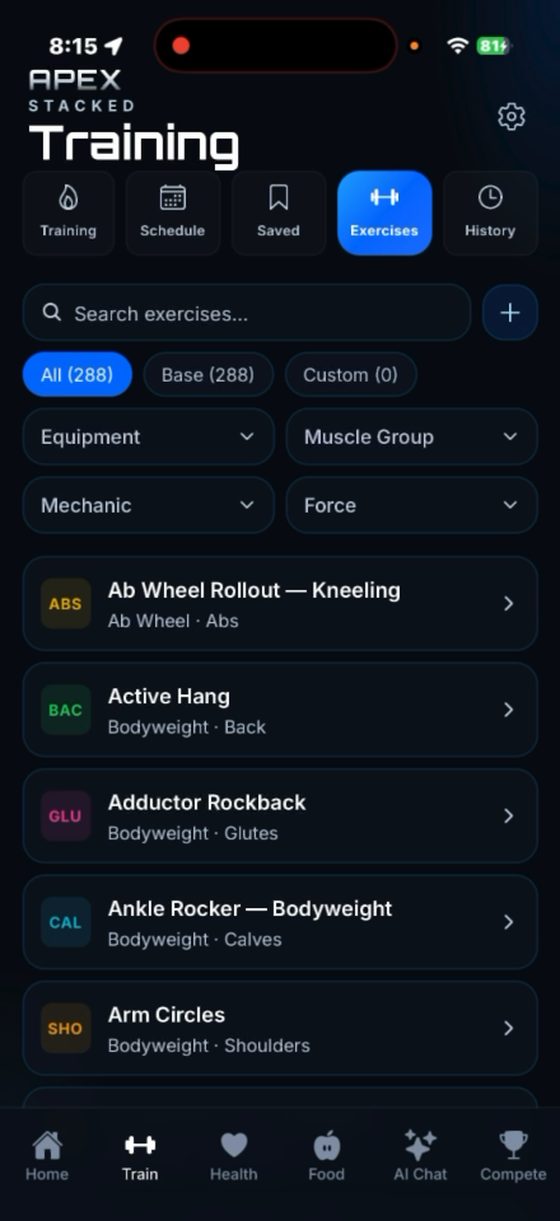 Exercise library with filters