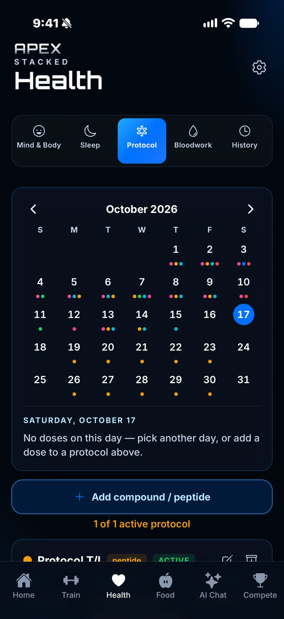Apex Stacked Protocol tab with a monthly dose calendar marked with colored dots, an Add compound / peptide button and one active protocol