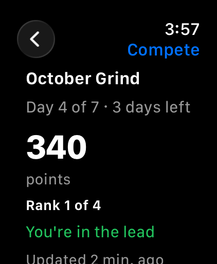 Apex Stacked watch Compete view: October Grind, day 4 of 7, 340 points, rank 1 of 4, You're in the lead
