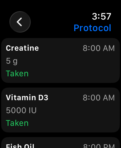 Apex Stacked watch Protocol list: Creatine 5 g and Vitamin D3 5000 IU marked Taken at 8:00 AM, Fish Oil at 8:00 PM