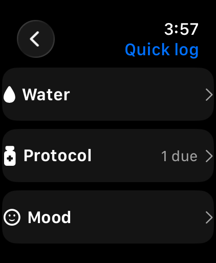Apex Stacked watch Quick log menu with Water, Protocol (1 due) and Mood