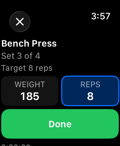 Apex Stacked on Apple Watch during a workout: Bench Press, set 3 of 4, target 8 reps, weight 185 and reps 8, with a Done button